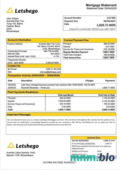Mozambik Banco Letshego wyciąg z kredytu hipotecznego szablon Word i PDF